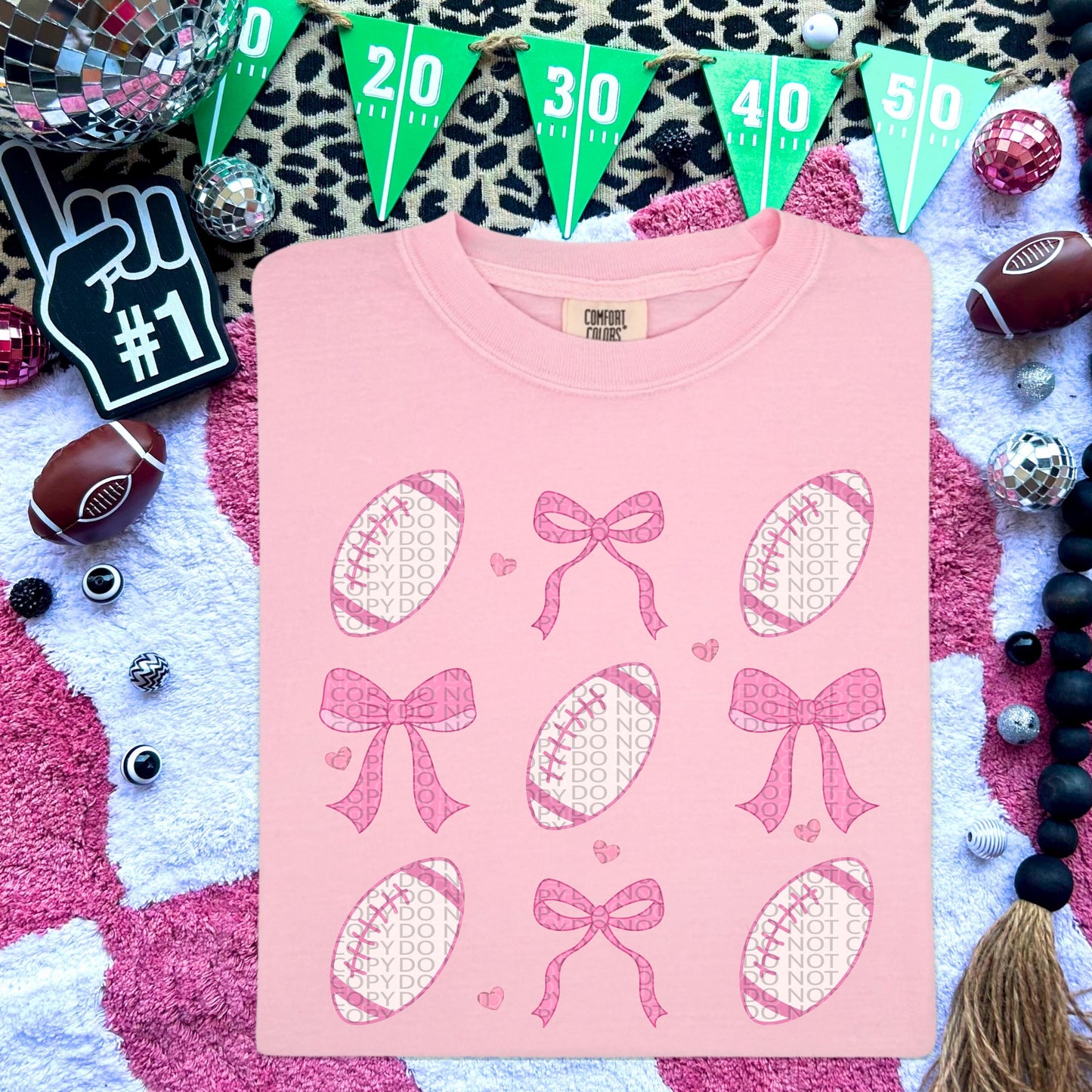 Pink Football and Bows Comfort Colors T-Shirtt