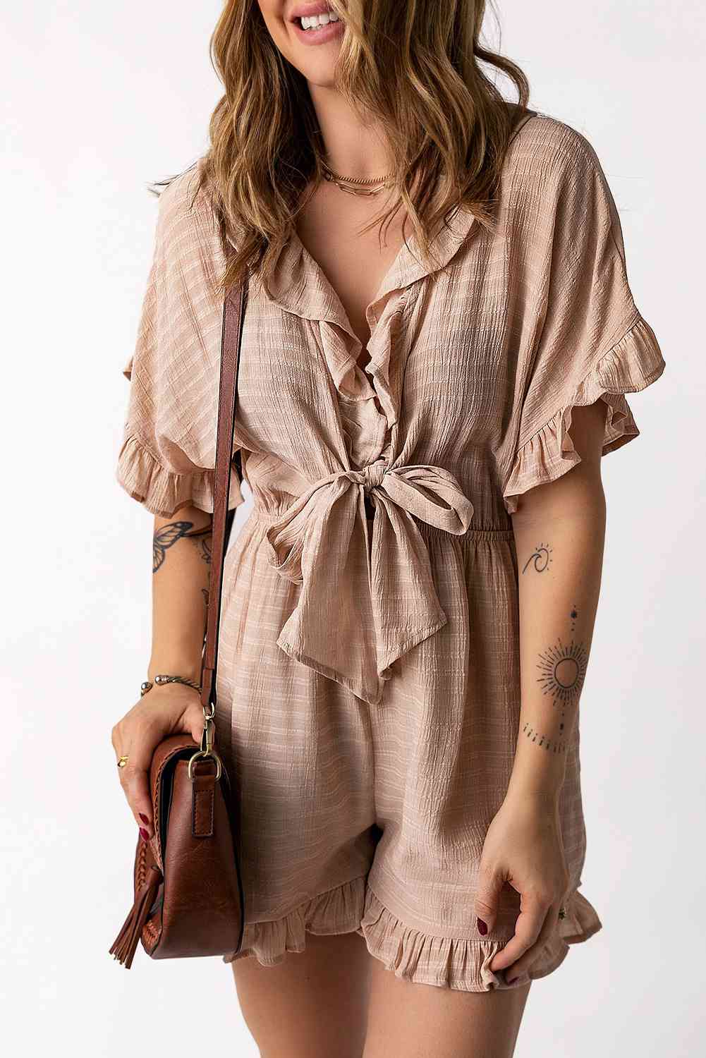 Striped Tie Detail Ruffled Romper with Pockets