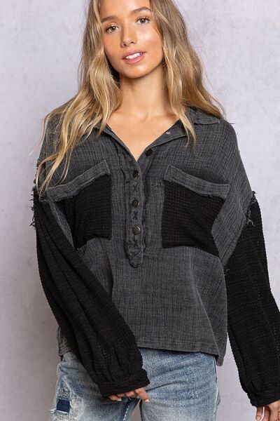 Oversize Contrast Long Sleeve Half Button Blouse