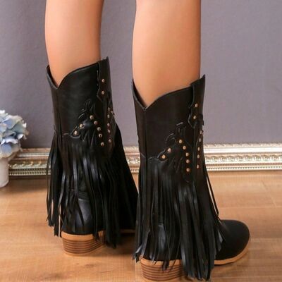 Studded Fringe PU Leather Boots