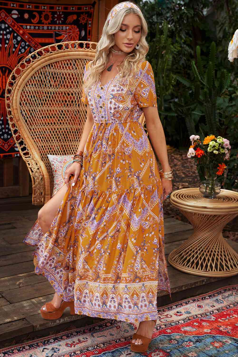 Bohemian Side Slit V-Neck Maxi Dress