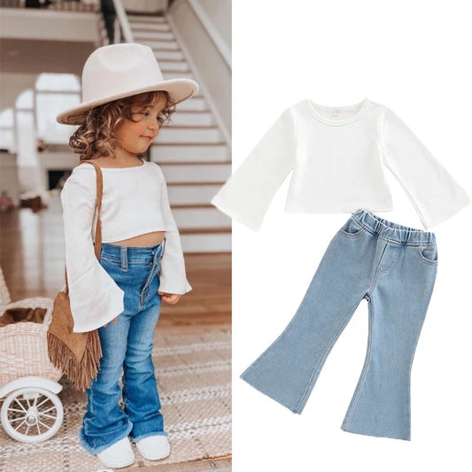 Casual High Waist Denim Bell Bottoms Set