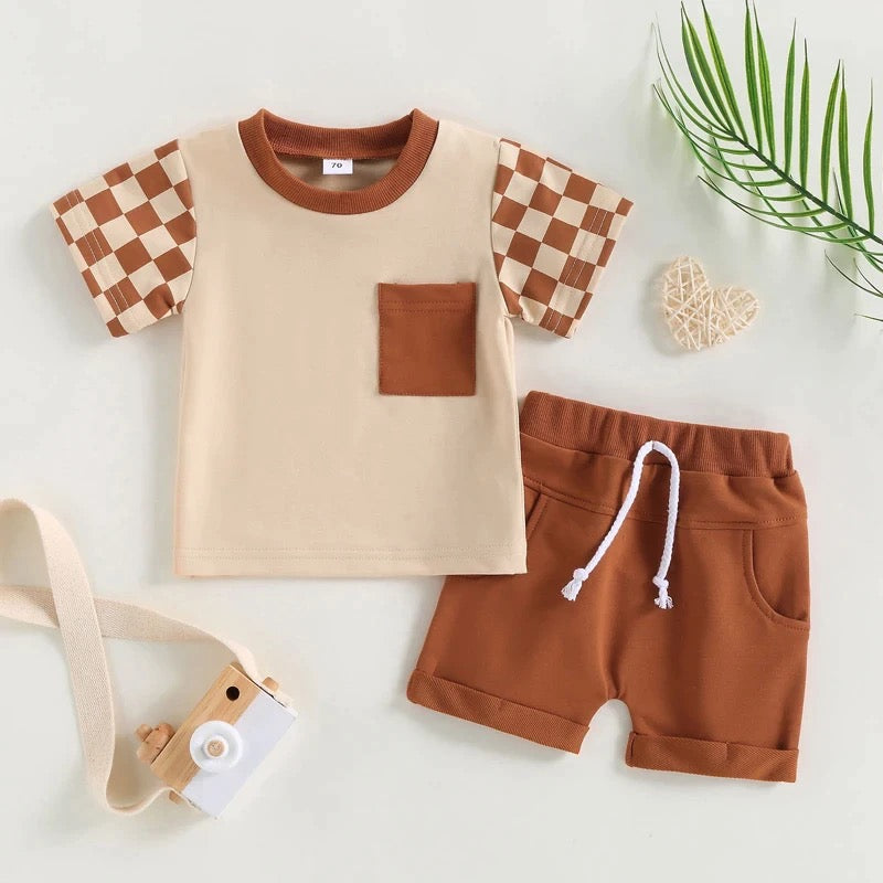 Rust Checkered Sleeves Boy Shorts Set