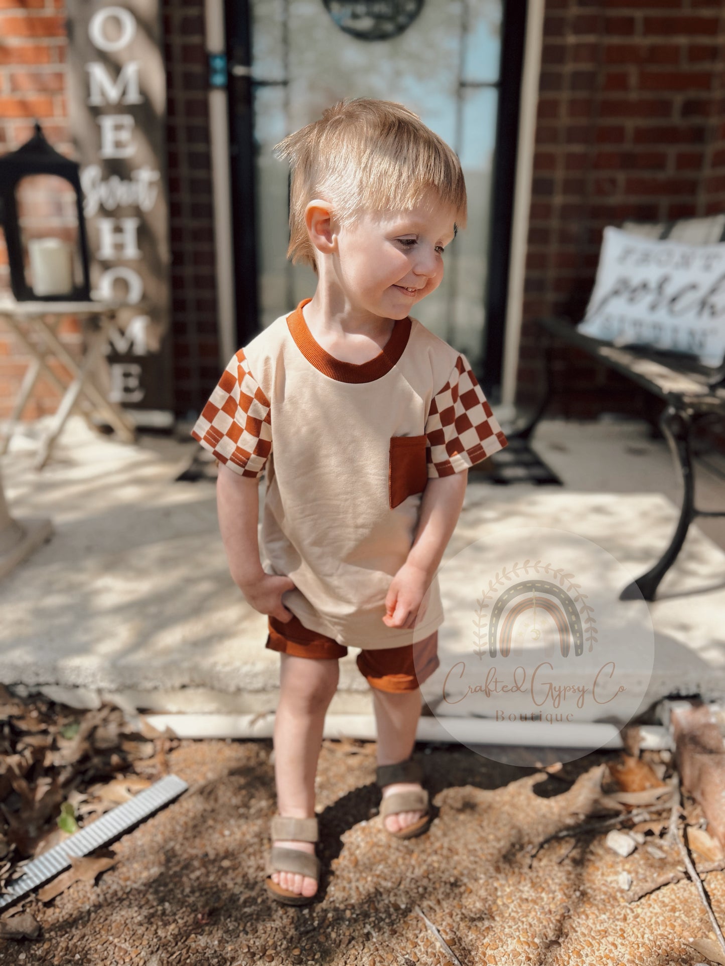 Rust Checkered Sleeves Boy Shorts Set