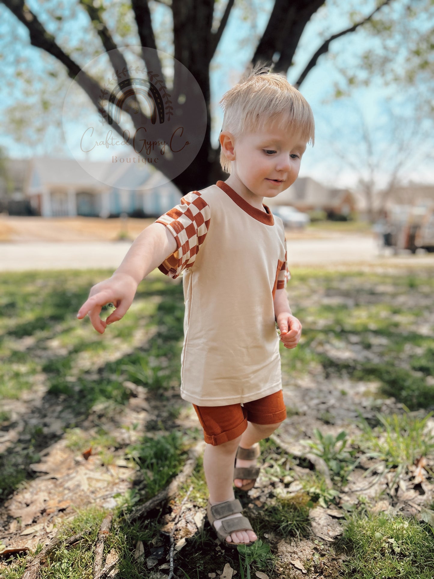 Rust Checkered Sleeves Boy Shorts Set