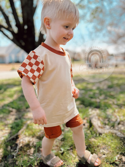 Rust Checkered Sleeves Boy Shorts Set