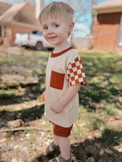 Rust Checkered Sleeves Boy Shorts Set